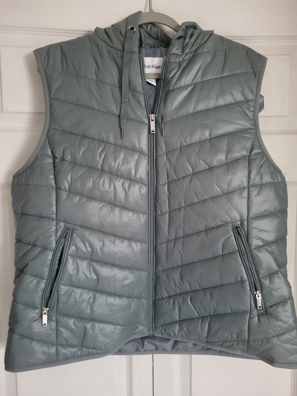 Calvin Klein Quilted Hooded Puffer Vest in Sage Gray